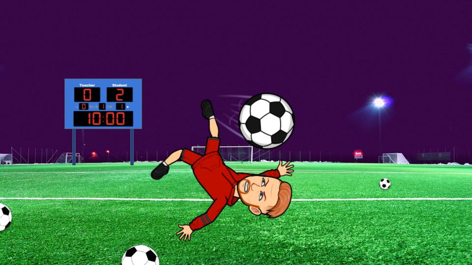 soccer field scene with a teacher doing a bicycle kick for a bitmoji learning environment